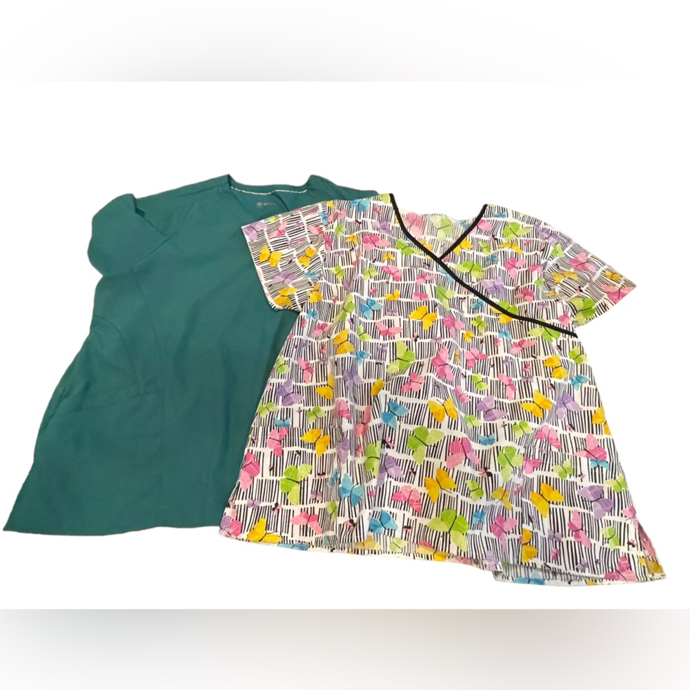 Scrub top plus size 3X butterfly design‎ & Kelly green scrub top bundle of 2
